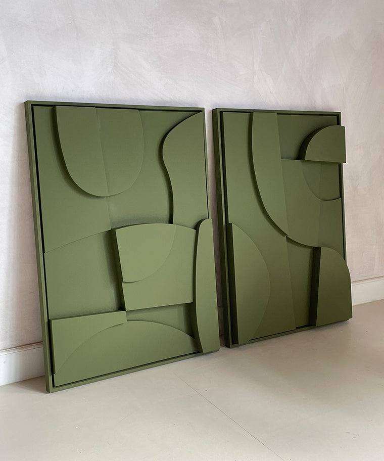 Handmade green 3D art pieces with sand texture and eco-paint, made from biodegradable PLA.